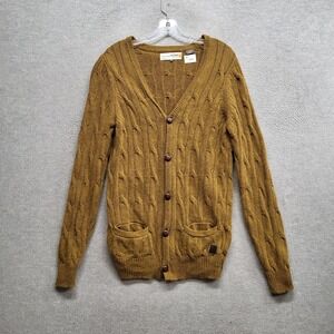 Ben Sherman Men Sweater Medium Brown Cardigan Lambswool Cable Knit Fisherman